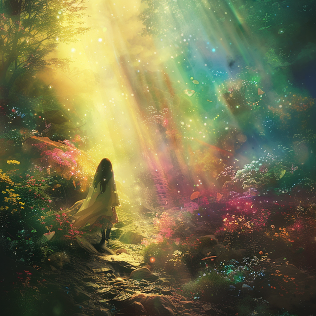 Une femme marche dans la nature qui se confond avec le cosmos.