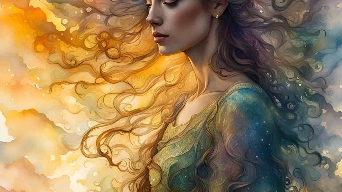 Une femme avec des ailes d'ange et de longs cheveux bruns bouclés prend conscience que les erreurs commises étaient inévitables