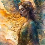 Une femme avec des ailes d'ange et de longs cheveux bruns bouclés prend conscience que les erreurs commises étaient inévitables