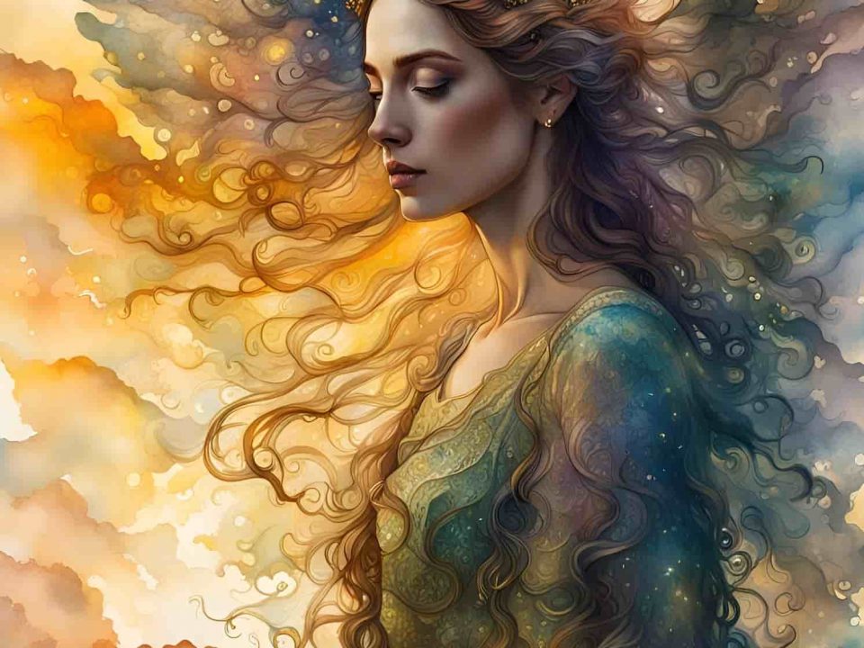 Une femme avec des ailes d'ange et de longs cheveux bruns bouclés prend conscience que les erreurs commises étaient inévitables
