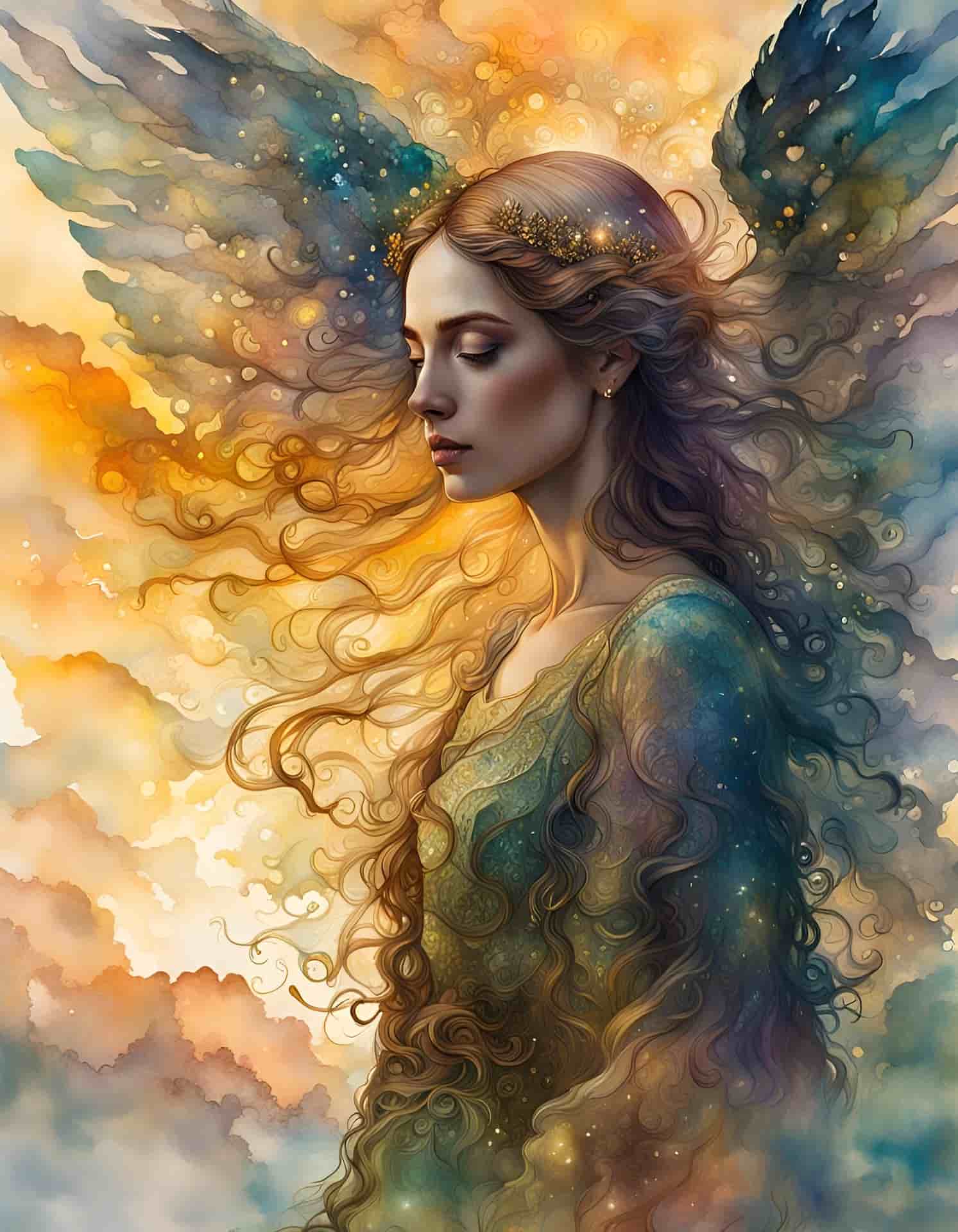 Une femme avec des ailes d'ange et de longs cheveux bruns bouclés prend conscience que les erreurs commises étaient inévitables