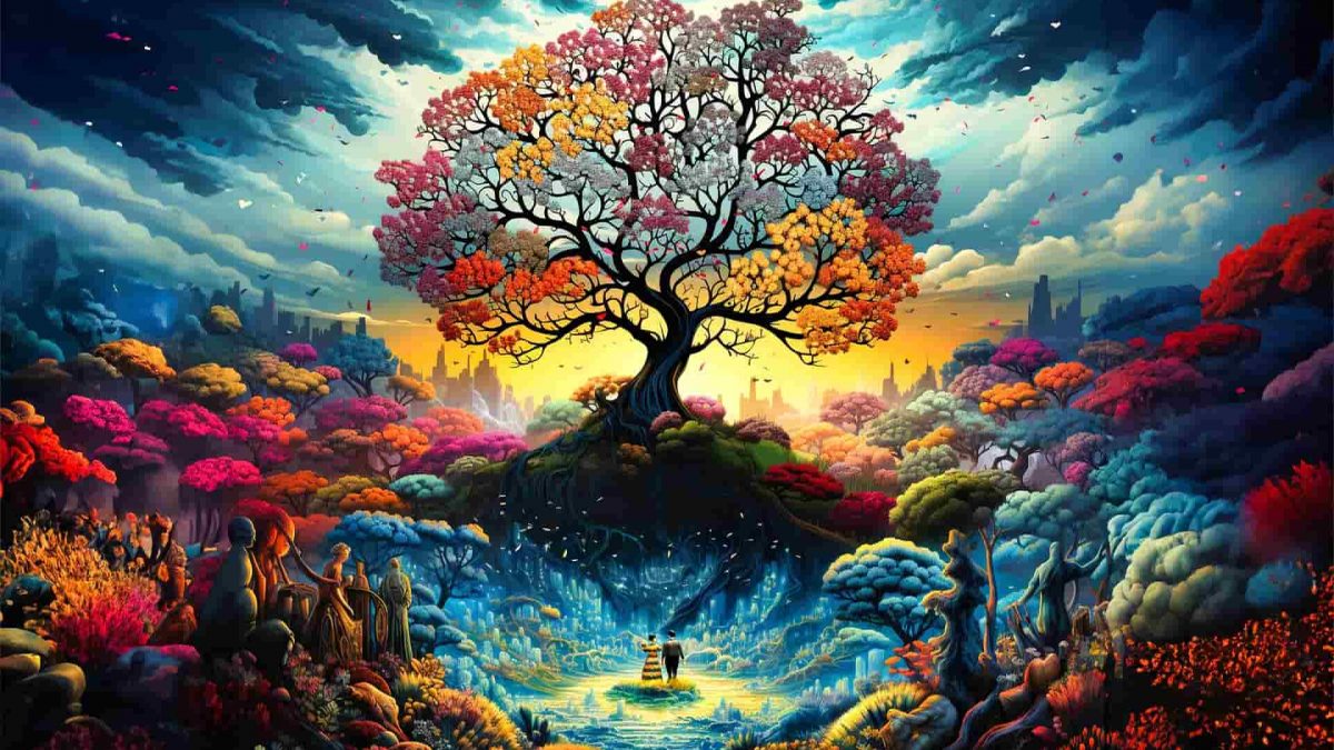 Un couple et d'autres gens regardent un arbre multicolore