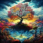 Un couple et d'autres gens regardent un arbre multicolore