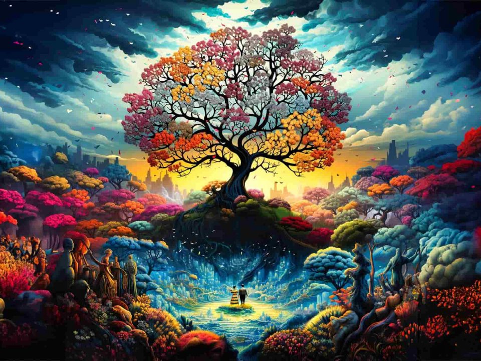 Un couple et d'autres gens regardent un arbre multicolore