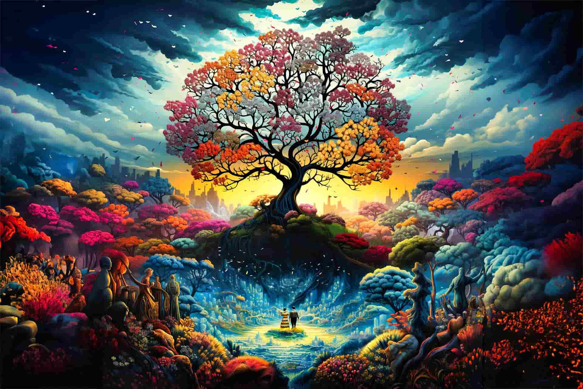 Un couple et d'autres gens regardent un arbre multicolore