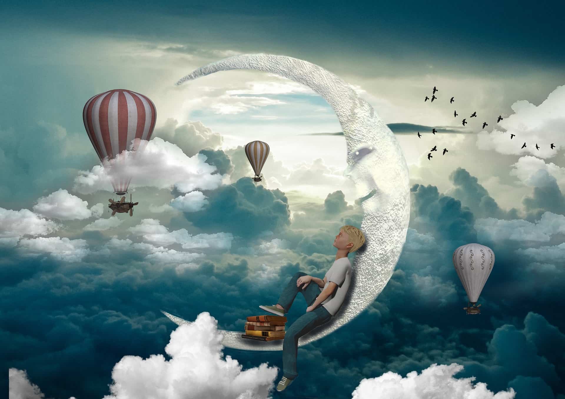 Un garçon rêveur assis sur un croissant de lune le pied sur des livres avec des montgolfières et des oiseaux autour de lui, symbolisant le pouvoir de la pensée, de l'intention