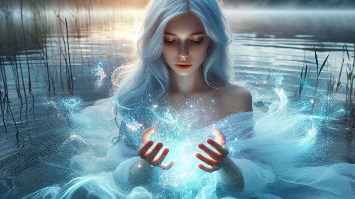Une femme mystique immergée dans l'eau avec des mains qui forment une boule de lumière, symbolisant sa lumière intérieure