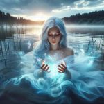 Une femme mystique immergée dans l'eau avec des mains qui forment une boule de lumière, symbolisant sa lumière intérieure