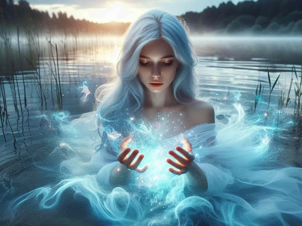 Une femme mystique immergée dans l'eau avec des mains qui forment une boule de lumière, symbolisant sa lumière intérieure