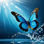 Envol de papillon bleu de l'eau vers la lumière